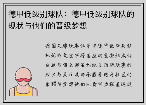 德甲低级别球队：德甲低级别球队的现状与他们的晋级梦想